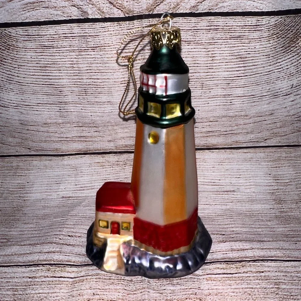 Blown Glass Shore Tower Lighthouse Christmas‎ Ornament Nautical Sea Ornament